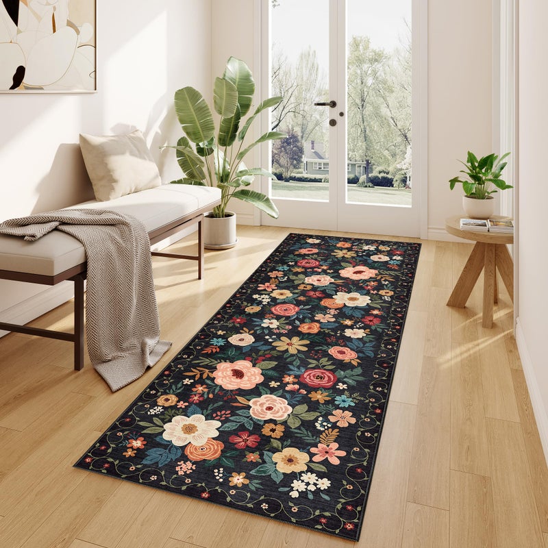 DUKINO Runner Rug, 2.6x8 Kitchen Rugs for Hallway with Non Slip Backing, Washable Low Pile Soft Boho Floral Runner Carpet for Hallway, Kitchen, Entryway, Laundry, Bedroom, Black - Image 3