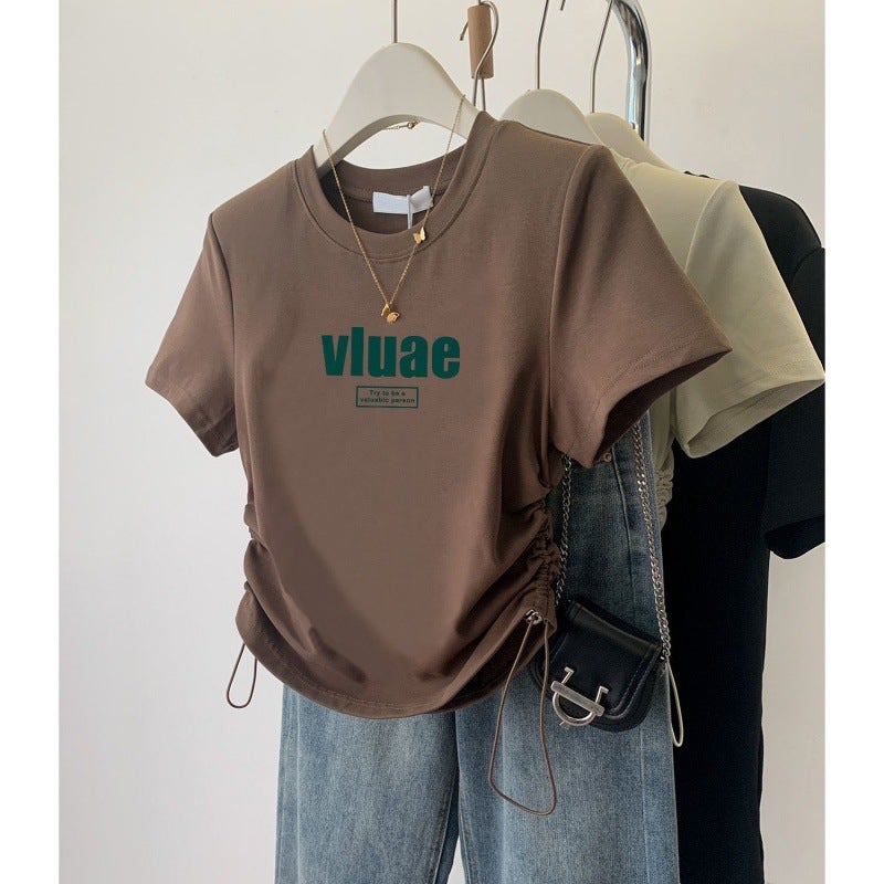Shoulder Wearing With Drawstring Design Sense Short-Sleeved T-Shirt American-Style Slim-Fit Slim Top - Image 1