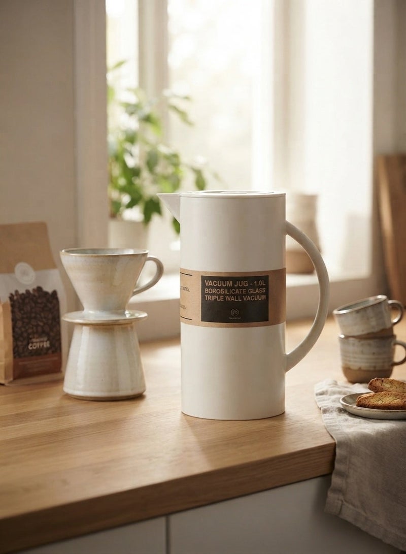 GAZELLA Plastic Tea/Coffee Flask 1 Liter Ivory, Borosilicate Glass & Triple Wall Vacuum. - Image 1