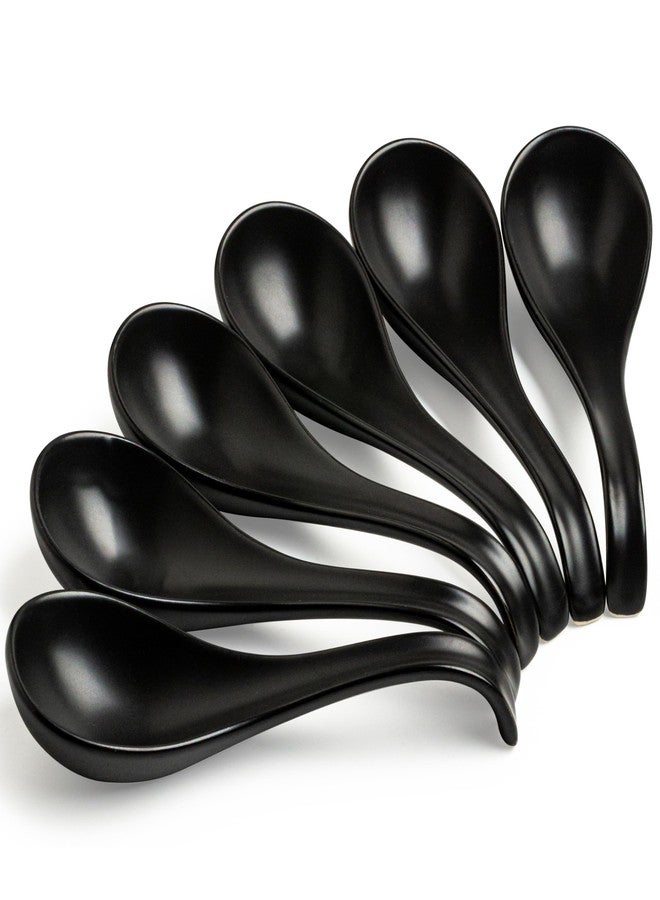 LYEOBOH Soup Spoons, Ceramic Soup Spoon Set of 6-6.5 inch Tablespoons, Dishwasher & Microwave Safe, Chinese Spoons with Deep Hook Design, Black - Image 1