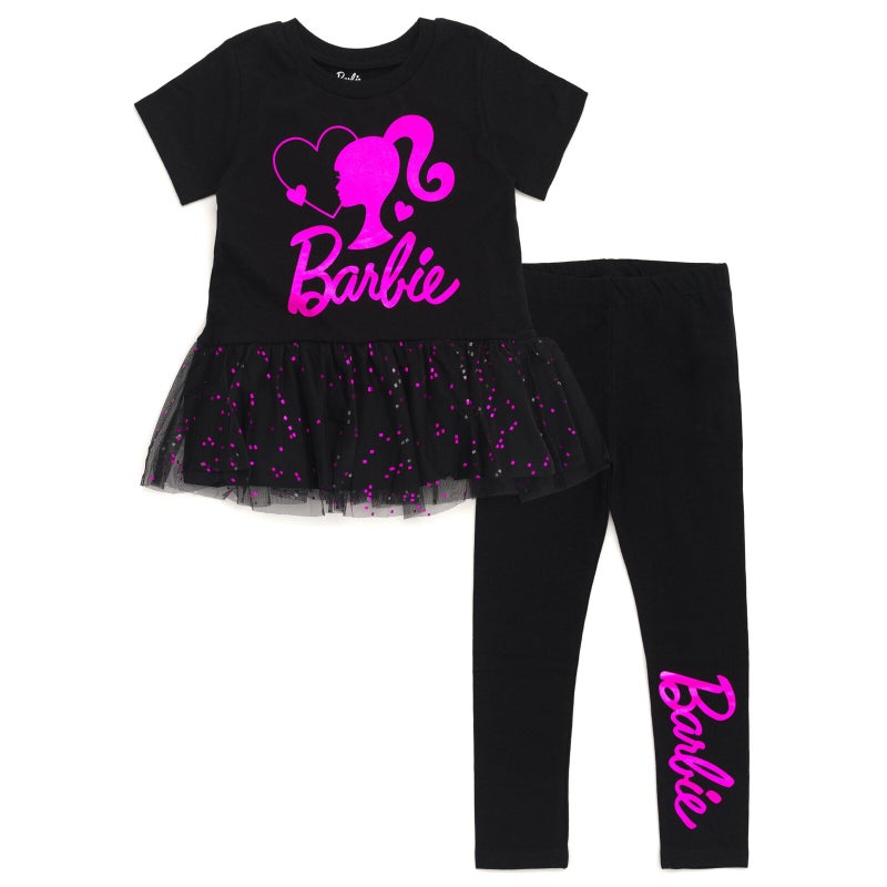 Barbie Little Girls Metallic Print Peplum T-Shirt and Pants Black/Pink Foil 7-8 - Image 1