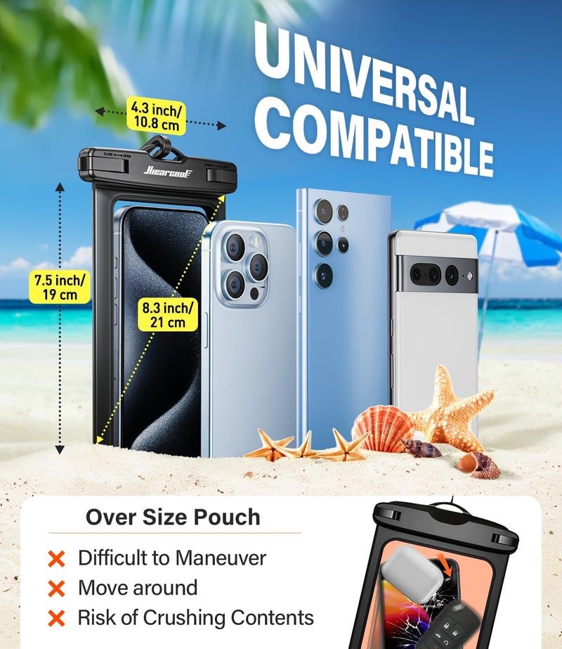 Hiearcool Waterproof Phone Pouch, Universal Case Compatible for iPhone 17 16 15 14 13 Pro Max Plus Up to 8.3", IPX8 Beach Travel Essentials-Black-2 Pack - Image 3