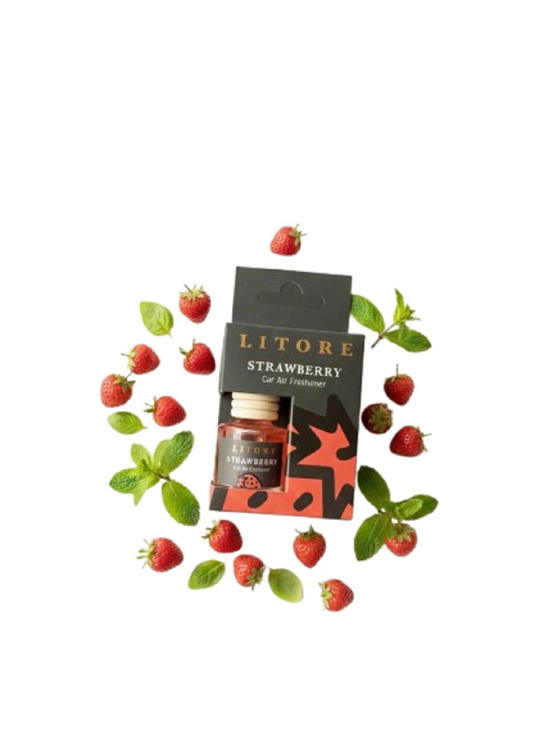 Litore Car Air Freshener 8 ml | Long-Lasting Hanging Diffuser with Essential Oils | Car Perfume for Odor Removal | Elegant Glass Bottle & Wooden Cap Design (Strawberry) - Image 1