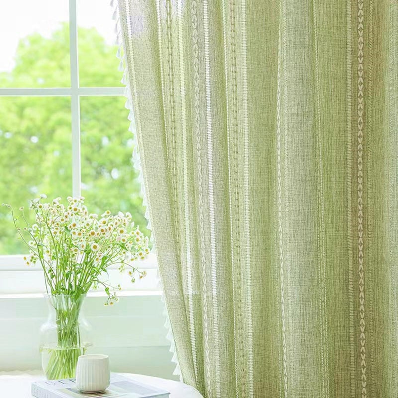 Deeprove Green Bohemian Curtains 90 Inches Long Linen Textured for Living Room Light Filter Farmhouse Sheer Hollow Striped Moss Drape  Rod Pocket Window Treatment for Bedroom 1 Panel W52 x L90 - Image 2
