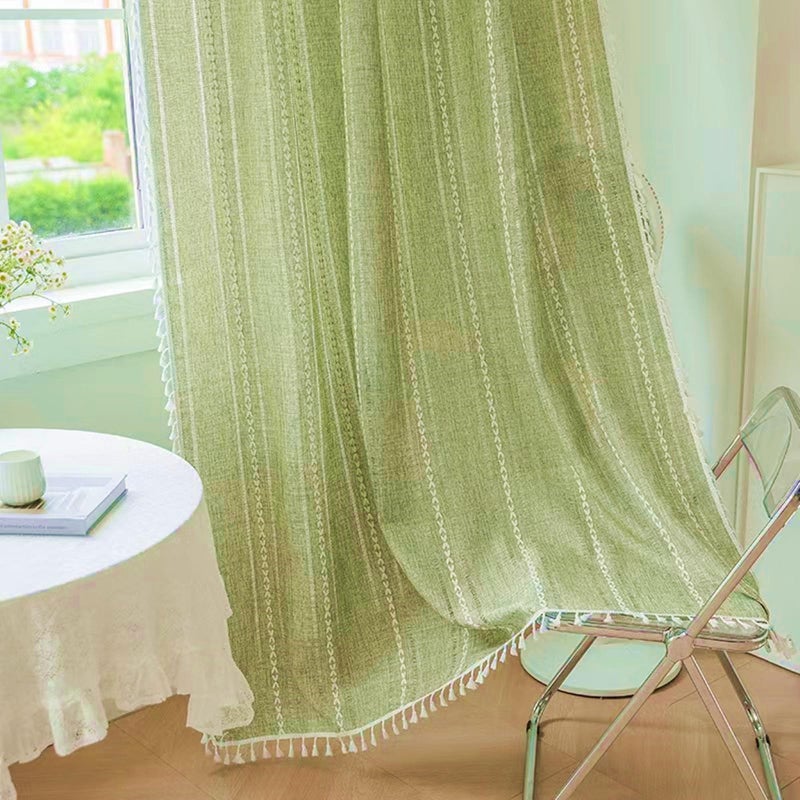 Deeprove Green Bohemian Curtains 90 Inches Long Linen Textured for Living Room Light Filter Farmhouse Sheer Hollow Striped Moss Drape  Rod Pocket Window Treatment for Bedroom 1 Panel W52 x L90 - Image 3