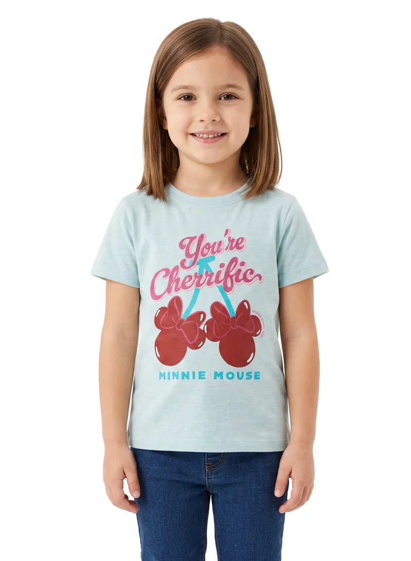 ديزني Disney Minnie Mouse Girls Oversized Drop Shoulder Graphic T-Shirt | Cute Cherry Print Relaxed Fit Casual Tee for Kids