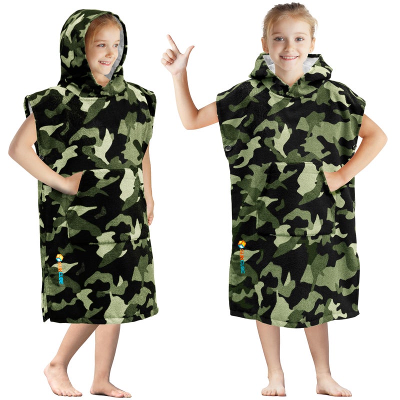 SUN CUBE Kids Changing Robe Surf Poncho Hooded Beach Towel for Toddler Bath Pool Microfiber Quick Dry Wearable Poncho With Hood Swim Cover for Boys Girls 37 Years Camo Green