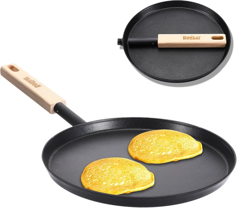 bodkar Frying Pan Skillet 8-inch Flat Griddle Pan, Lightweight Small Grill Pan with Wooden Handle for Camping Indoor Outdoor Cooking - Image 1