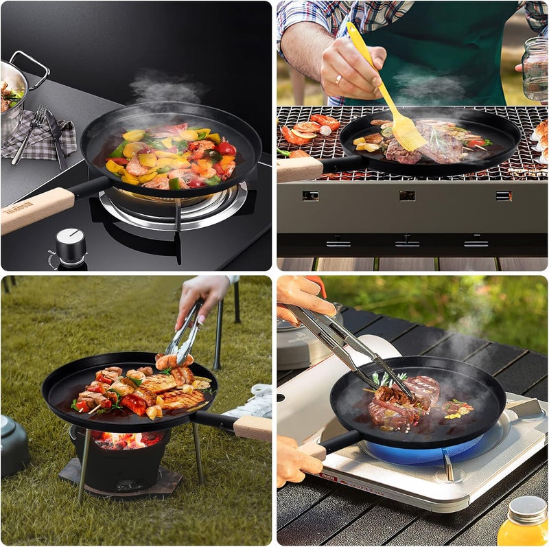 bodkar Frying Pan Skillet 8-inch Flat Griddle Pan, Lightweight Small Grill Pan with Wooden Handle for Camping Indoor Outdoor Cooking - Image 3