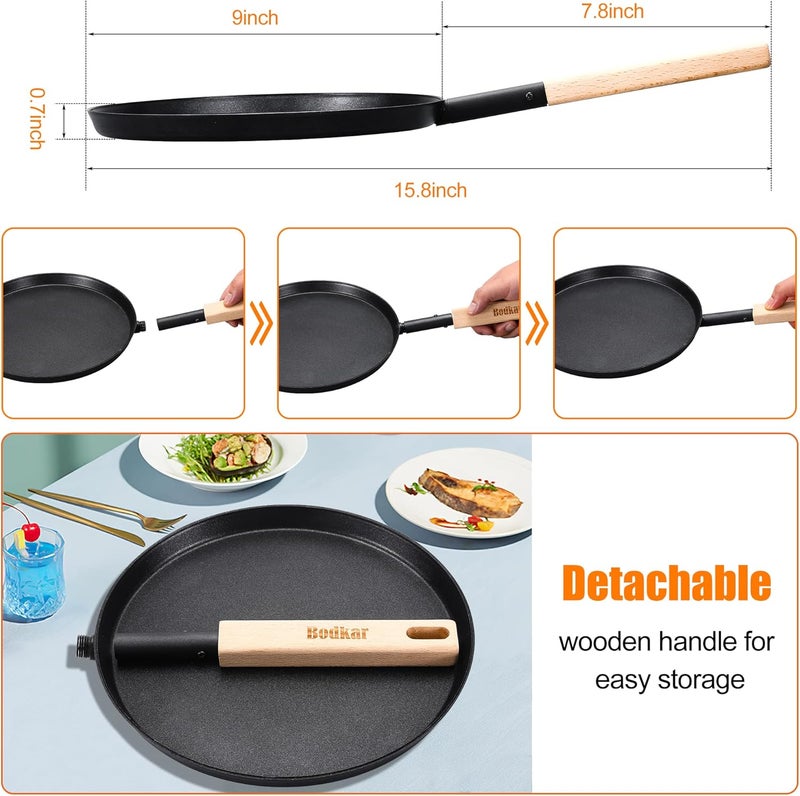 bodkar Frying Pan Skillet 8-inch Flat Griddle Pan, Lightweight Small Grill Pan with Wooden Handle for Camping Indoor Outdoor Cooking - Image 5