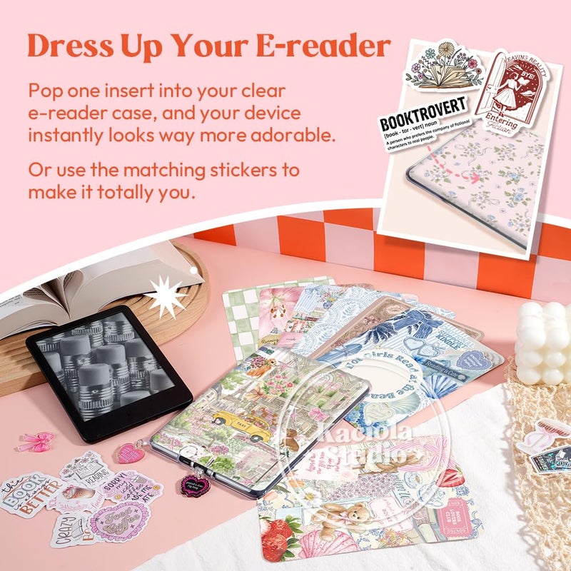 Kaciola 12PCS Inserts Cardstock for E-reader, 4 Type C Charms & Stickers for Clear Case, 6.9"x4.8" Vintage Romance Theme Inserts Compatible with Paper White 11th-12th Gen, E-Reader Gift for Booklover - Image 2