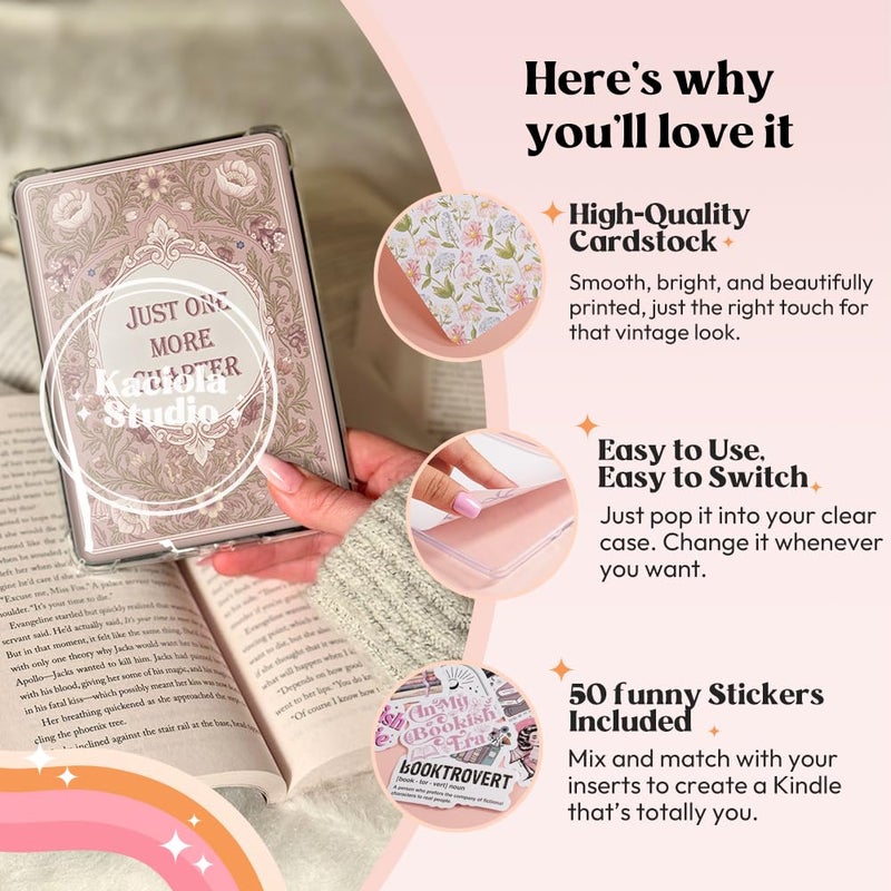 Kaciola 12PCS Inserts Cardstock for E-reader, 4 Type C Charms & Stickers for Clear Case, 6.9"x4.8" Vintage Romance Theme Inserts Compatible with Paper White 11th-12th Gen, E-Reader Gift for Booklover - Image 4