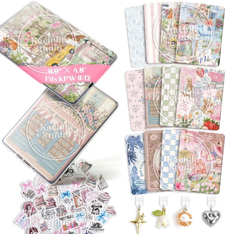 Kaciola 12PCS Inserts Cardstock for E-reader, 4 Type C Charms & Stickers for Clear Case, 6.9"x4.8" Vintage Romance Theme Inserts Compatible with Paper White 11th-12th Gen, E-Reader Gift for Booklover - Image 1