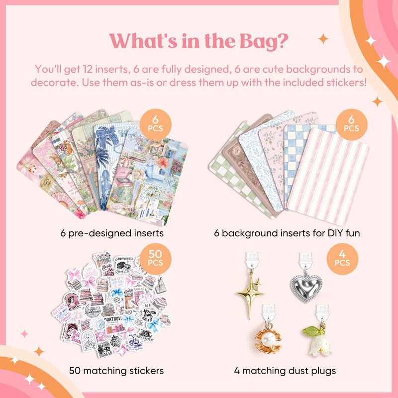 Kaciola 12PCS Inserts Cardstock for E-reader, 4 Type C Charms & Stickers for Clear Case, 6.9"x4.8" Vintage Romance Theme Inserts Compatible with Paper White 11th-12th Gen, E-Reader Gift for Booklover - Image 3