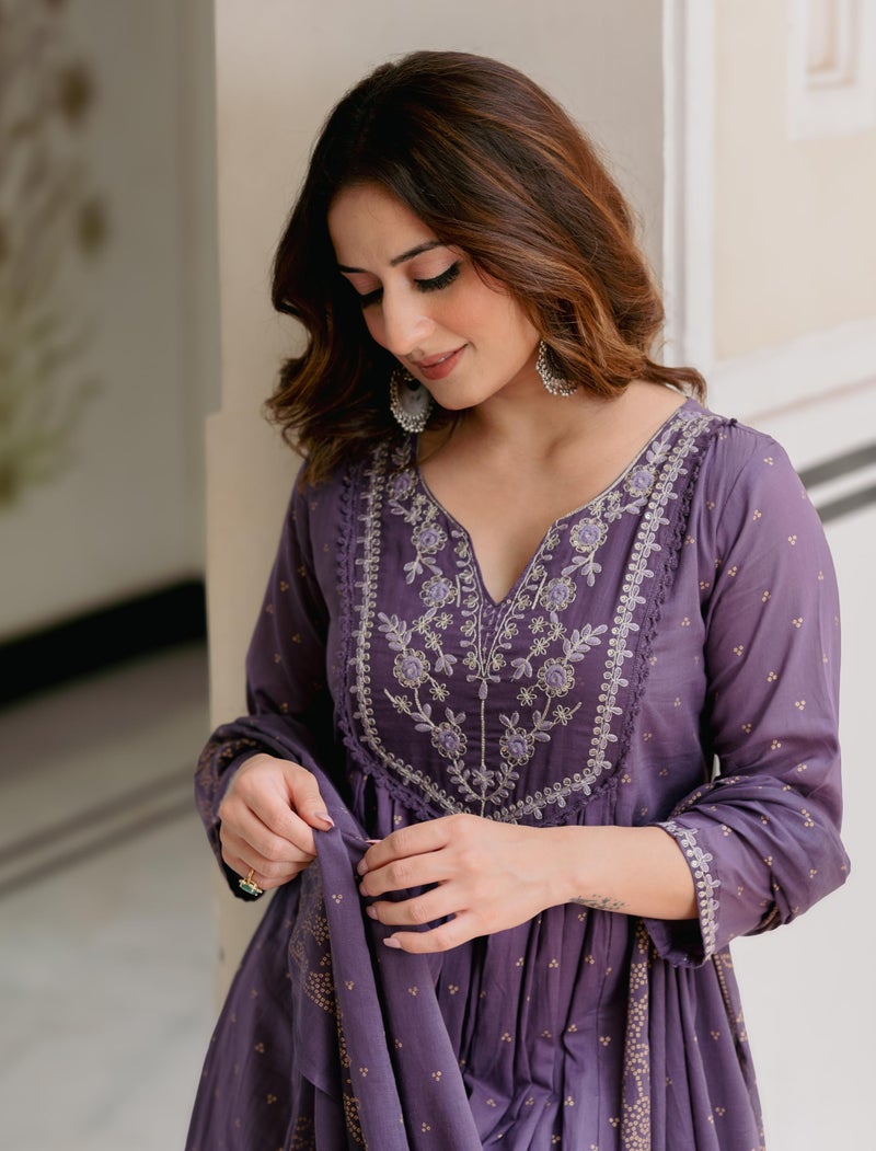 Arayna Women’s 100% Pure Cotton Anarkali Kurta Set with Pant & Dupatta | Embroidered Flared Kurta | Elegant Ethnic Suit, Plum Wine, Large - Image 4