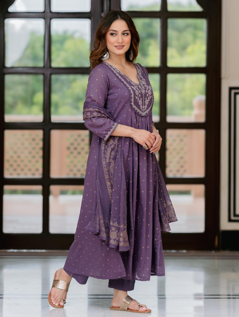 Arayna Women’s 100% Pure Cotton Anarkali Kurta Set with Pant & Dupatta | Embroidered Flared Kurta | Elegant Ethnic Suit, Plum Wine, Large - Image 2