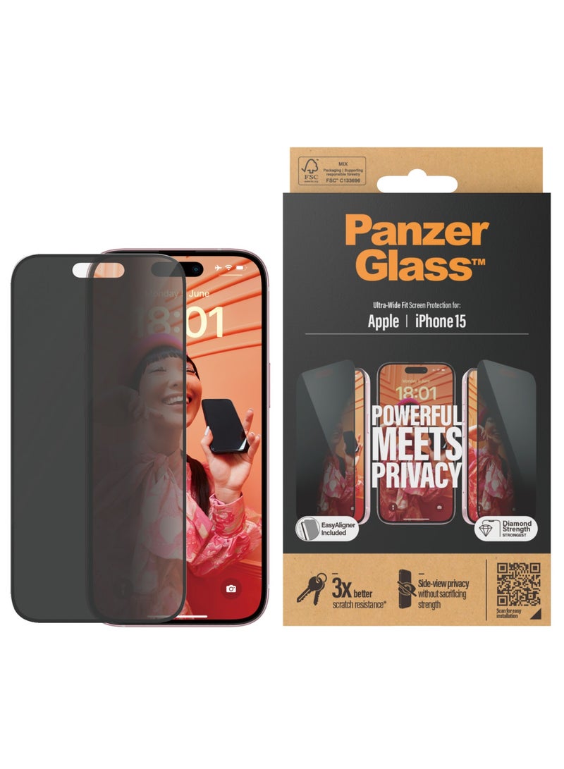 PanzerGlass™ Privacy Screen Protector for iPhone 15 - Ultra-Wide Fit and scratch-resistant tempered glass iPhone screen and privacy protector - with mounting aid for easy installation - Image 1