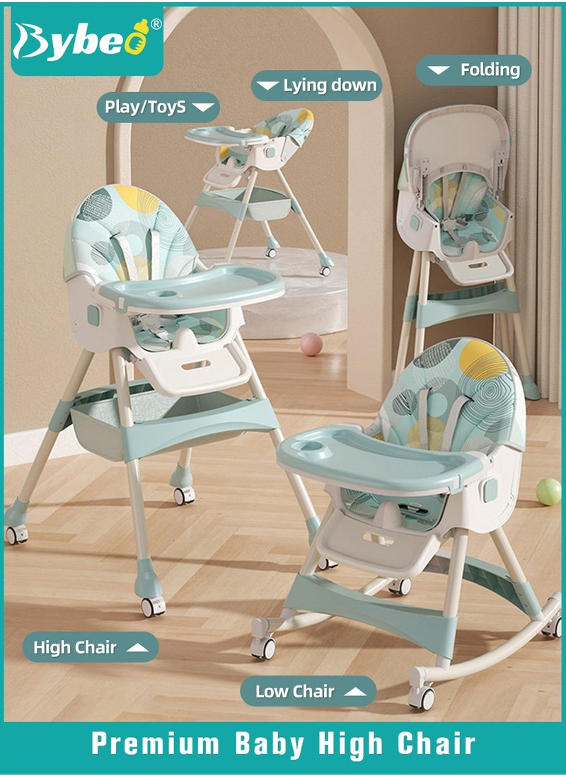 Bybeo Baby High Chair for Toddlers, Foldable Children Highchairs, Kids Dining Chair, Infant Feeding Booster Seat, Babies Rocker with Footrest, Backrest, 4 Wheels and Removable Tray  - Image 1