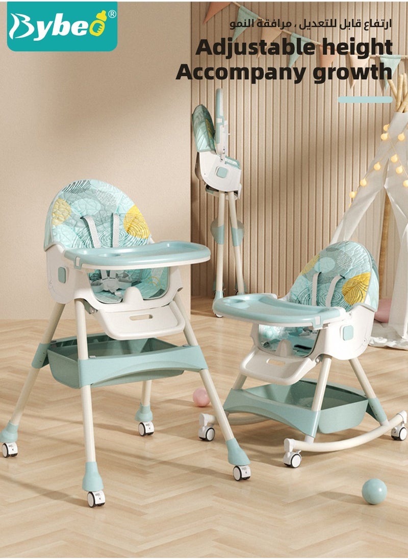 Bybeo Baby High Chair for Toddlers, Foldable Children Highchairs, Kids Dining Chair, Infant Feeding Booster Seat, Babies Rocker with Footrest, Backrest, 4 Wheels and Removable Tray  - Image 5