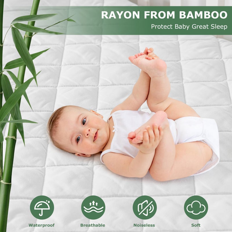 GRT 2 Pack Waterproof Crib Mattress Protector Rayon Made from Bamboo,Quilted Baby Mattress Pad Fitted Deep Pocket from 4" up to 9", Extra Breathable & Noiseless Toddler Mattress Cover 52"x28", White - Image 2
