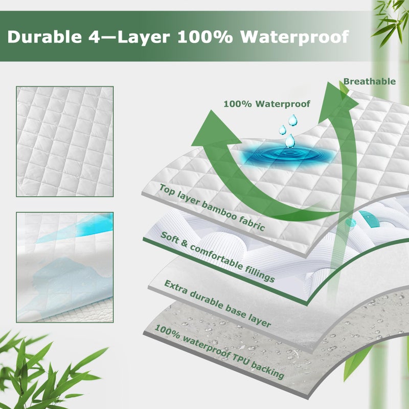 GRT 2 Pack Waterproof Crib Mattress Protector Rayon Made from Bamboo,Quilted Baby Mattress Pad Fitted Deep Pocket from 4" up to 9", Extra Breathable & Noiseless Toddler Mattress Cover 52"x28", White - Image 4