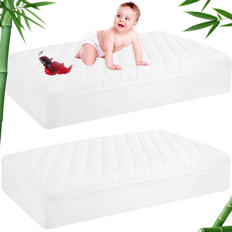 GRT 2 Pack Waterproof Crib Mattress Protector Rayon Made from Bamboo,Quilted Baby Mattress Pad Fitted Deep Pocket from 4" up to 9", Extra Breathable & Noiseless Toddler Mattress Cover 52"x28", White - Image 1