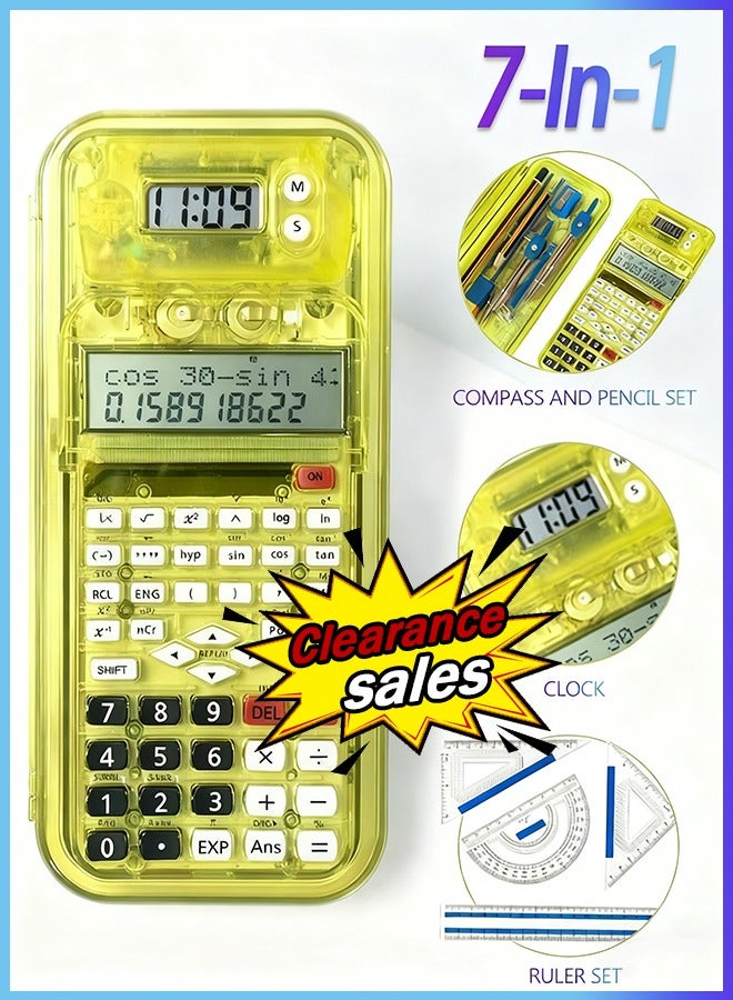 CTIFREE 82MS Scientific Calculator 7-In-1 Student Math Set Stationery, 240 Functions, 10+2 Digit Display, Advanced Calculator With Clock + Detachable Pencil Case + Compass/Ruler/Pencil | Complete School Exam Study Set - Green - Image 1
