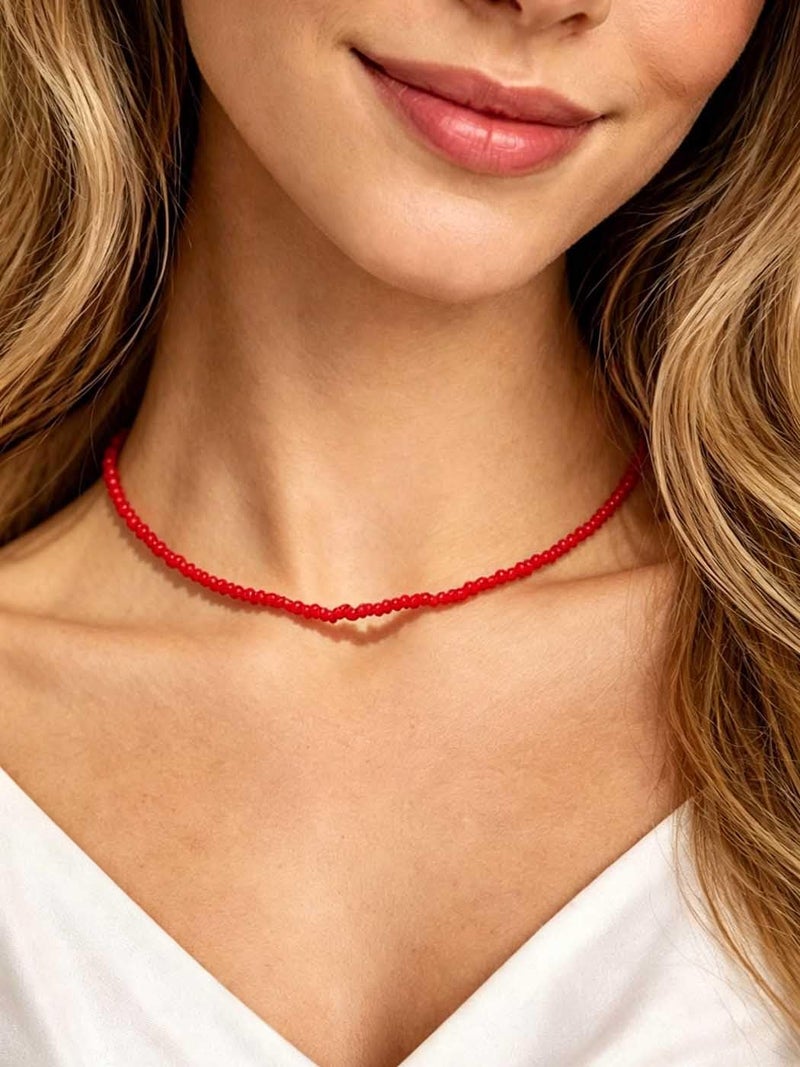 Yalice Boho Choker Necklace Chain Rice Beaded Necklaces Summer Surfer Costume Neck Accessories for Women (Red) - Image 2