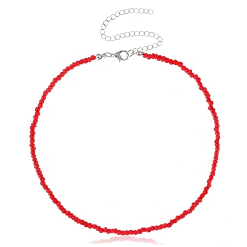 Yalice Boho Choker Necklace Chain Rice Beaded Necklaces Summer Surfer Costume Neck Accessories for Women (Red) - Image 1