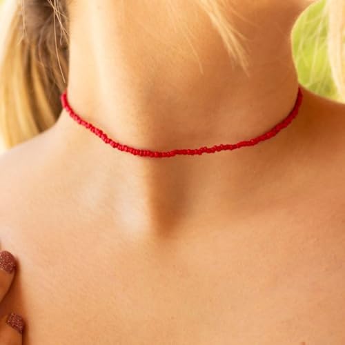 Yalice Boho Choker Necklace Chain Rice Beaded Necklaces Summer Surfer Costume Neck Accessories for Women (Red) - Image 4