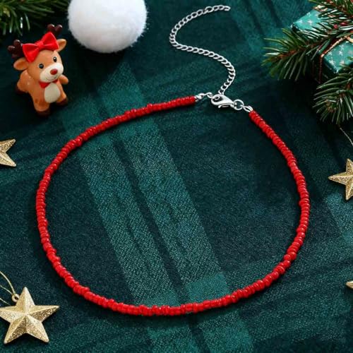 Yalice Boho Choker Necklace Chain Rice Beaded Necklaces Summer Surfer Costume Neck Accessories for Women (Red) - Image 3