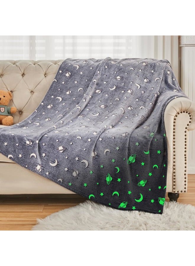 SOCHOW Glow in the Dark Fleece Blanket 50"x59", Light Up Flannel Fleece Blanket Galactic Stars Pattern Grey All Season Blanket for Kids Bed - Image 1