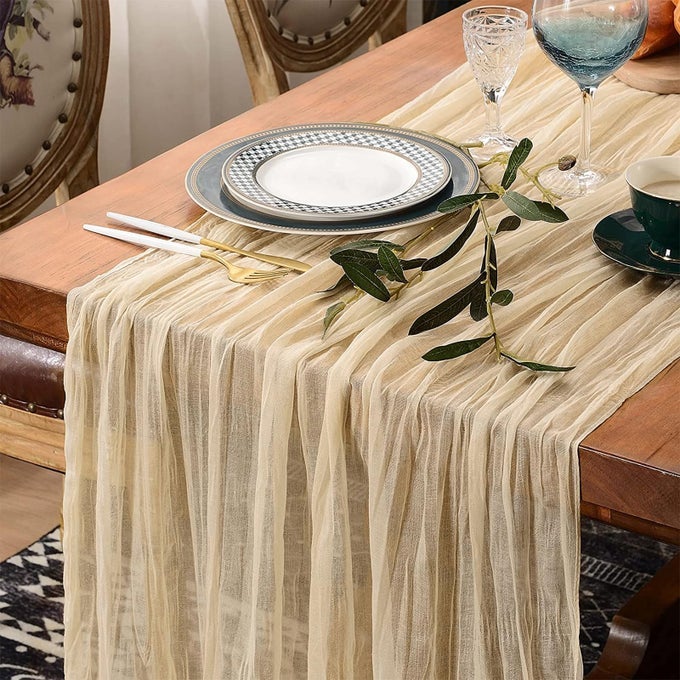 CHEESECLOTH TABLE RUNNER 118 INCHES LONGBOHO GAUZE TABLE RUNNERSRUSTIC TABLE RUNNER FOR WEDDING TABLE DECORATION KITCHEN DINING ROOM BIRTHDAY PARTYBEIGE BEIGE 90CMX300CM