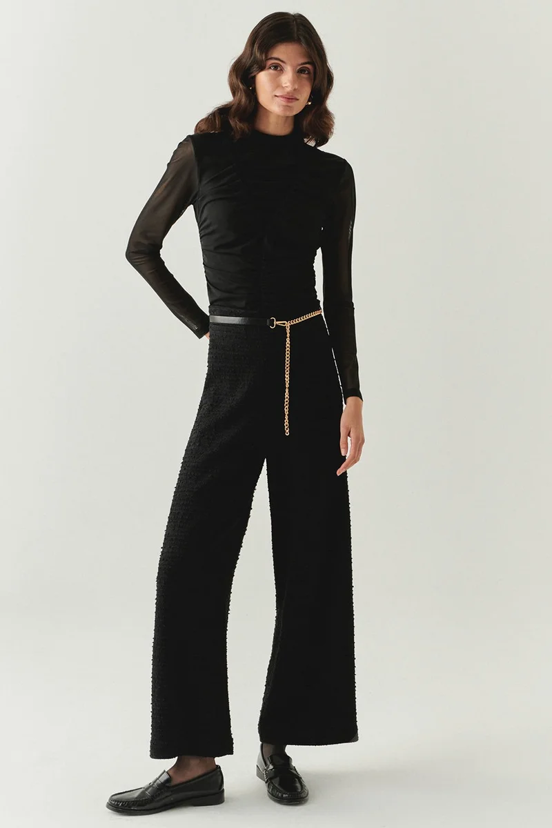 EXQUISE Chain Belt Regular Woven Black Trousers