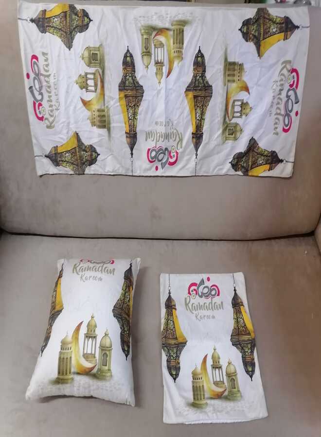 طقم رانر قطيفة مستورد 150 × 45 و ٢ كوشن ٤٥×٤٥ -اوف ابيض (رمضان كريم) 