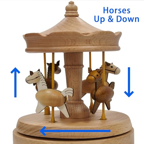 Briskfeel Wooden Carousel Music Box with Moving & Elevating Horses, Rotating Wind-Up Decor, Collectible Mechanical Musical Box, Timeless Gift - Image 3