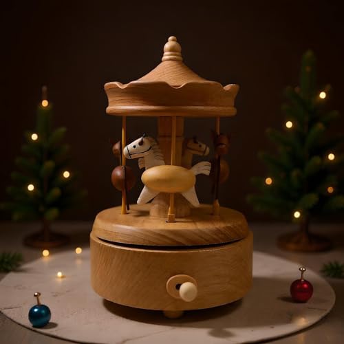 Briskfeel Wooden Carousel Music Box with Moving & Elevating Horses, Rotating Wind-Up Decor, Collectible Mechanical Musical Box, Timeless Gift - Image 2
