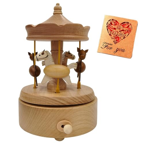 Briskfeel Wooden Carousel Music Box with Moving & Elevating Horses, Rotating Wind-Up Decor, Collectible Mechanical Musical Box, Timeless Gift - Image 1