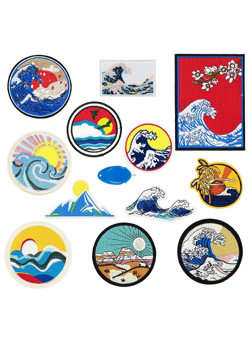 Generic Iron on Patches for Clothes, 12Pcs Embroidered Patches Applique Set, Sewing Wave Repair Patch DIY Accessory for Clothes Hats Jeans, Sea Wave Mountain River Map Embroidery Stickers  - Image 1