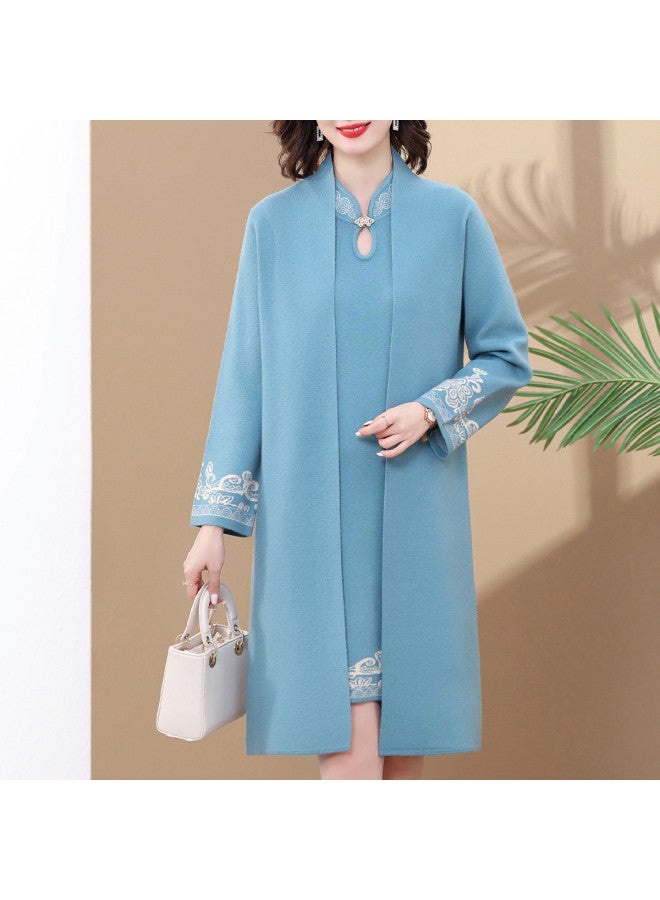 Tucano طقم فستان حفل زفاف للأم العروس، فستان تشيونغسام منسوج بلونين مع سترة محبوكة، طقم من قطعتين - Image 2