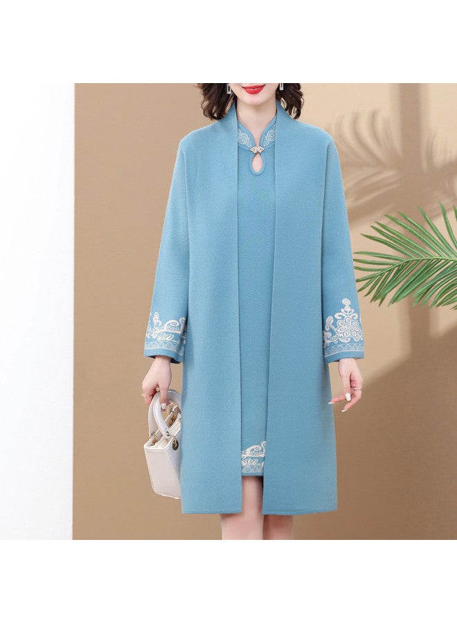 Tucano طقم فستان حفل زفاف للأم العروس، فستان تشيونغسام منسوج بلونين مع سترة محبوكة، طقم من قطعتين - Image 3