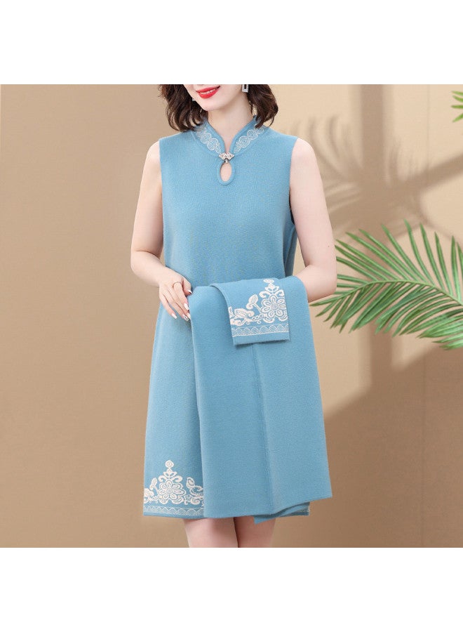 Tucano طقم فستان حفل زفاف للأم العروس، فستان تشيونغسام منسوج بلونين مع سترة محبوكة، طقم من قطعتين - Image 5