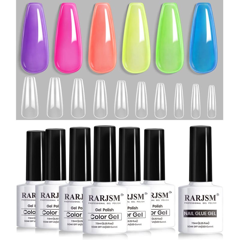 RARJSM Jelly Gel Nail Polish Set Translucent Neon Nail Polish 6 Color Pink Green Blue Purple Yellow Orange Gel Nail Art 10 Sizes Long Fake Nails