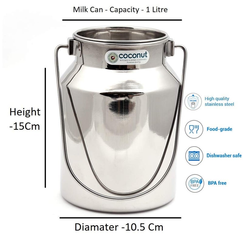 Coconut Stainless Steel Plain Milk Can/Milk Barni/Milk Pot/Oil Can (with Lid) - Capacity 900ML - Diamater - 10.5 Cm - Image 2