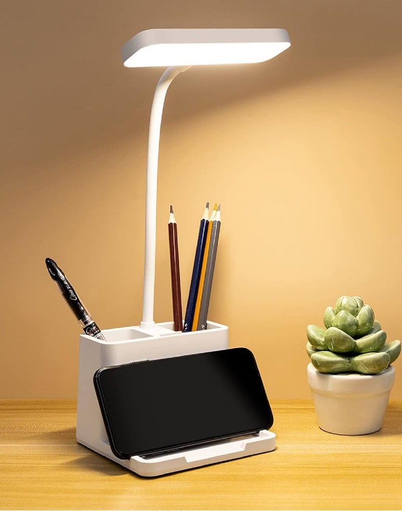 FLYNGO FLYNGO Plastic 3 Color Mode Led Study Table Desk Lamp For Students With Pen Phone Holder Rechargeable Touch OnOff Studying 204White  - Image 1