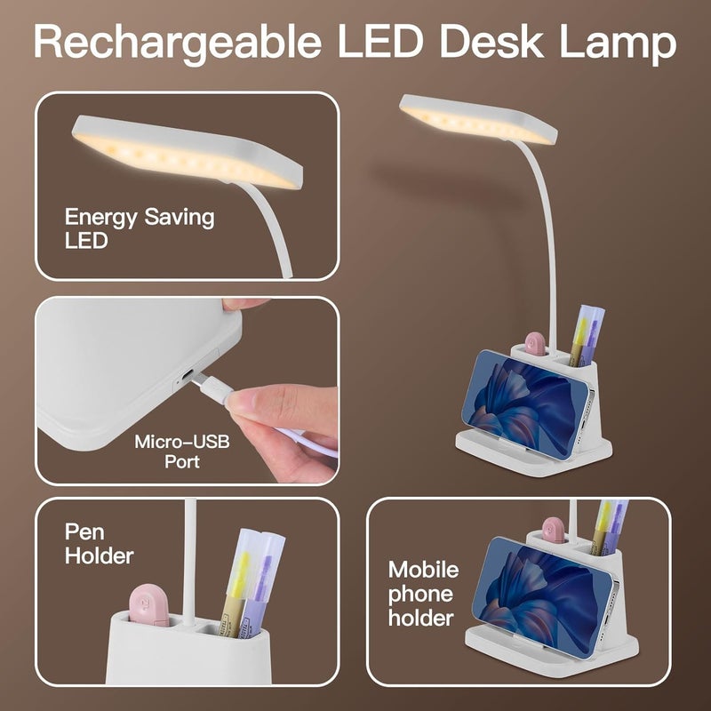FLYNGO FLYNGO Plastic 3 Color Mode Led Study Table Desk Lamp For Students With Pen Phone Holder Rechargeable Touch OnOff Studying 204White  - Image 2