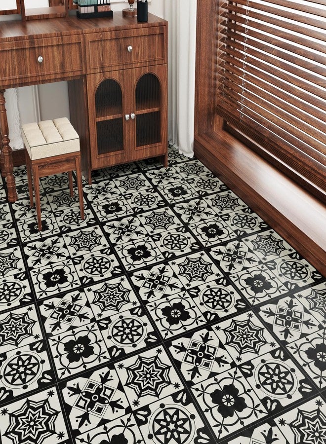 Wallercity Black Floral Peel and Stick Floor Tile for Bathroom Kitchen Vintage Boho Waterproof Floor Stickers Self Adhesive Removable Vinyl Flooring Tiles for Rooms Retro Floral Flooring Sheets 18PCS - Image 1