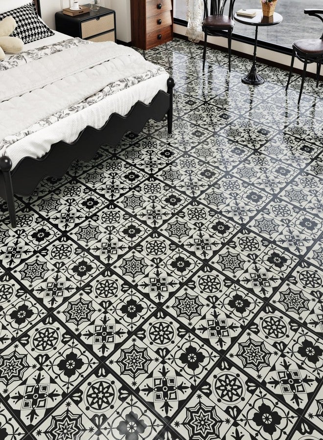 Wallercity Black Floral Peel and Stick Floor Tile for Bathroom Kitchen Vintage Boho Waterproof Floor Stickers Self Adhesive Removable Vinyl Flooring Tiles for Rooms Retro Floral Flooring Sheets 18PCS - Image 2