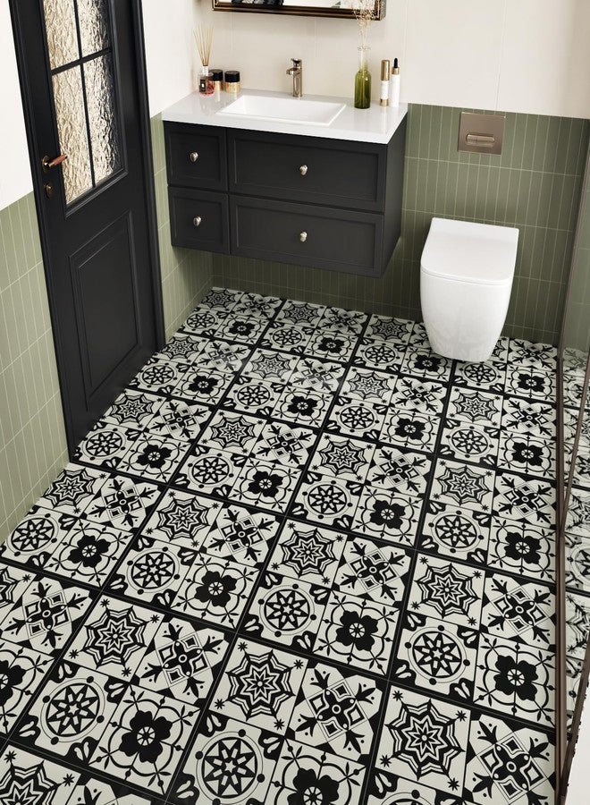 Wallercity Black Floral Peel and Stick Floor Tile for Bathroom Kitchen Vintage Boho Waterproof Floor Stickers Self Adhesive Removable Vinyl Flooring Tiles for Rooms Retro Floral Flooring Sheets 18PCS - Image 3