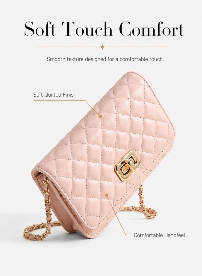 BLLE ROWN Bags for Ladies Small Quilted Chain Crossbody Bag for Women Stylish Soft Pink PU Shoulder Purse Daily Use Coffee Gift for Her - Image 4